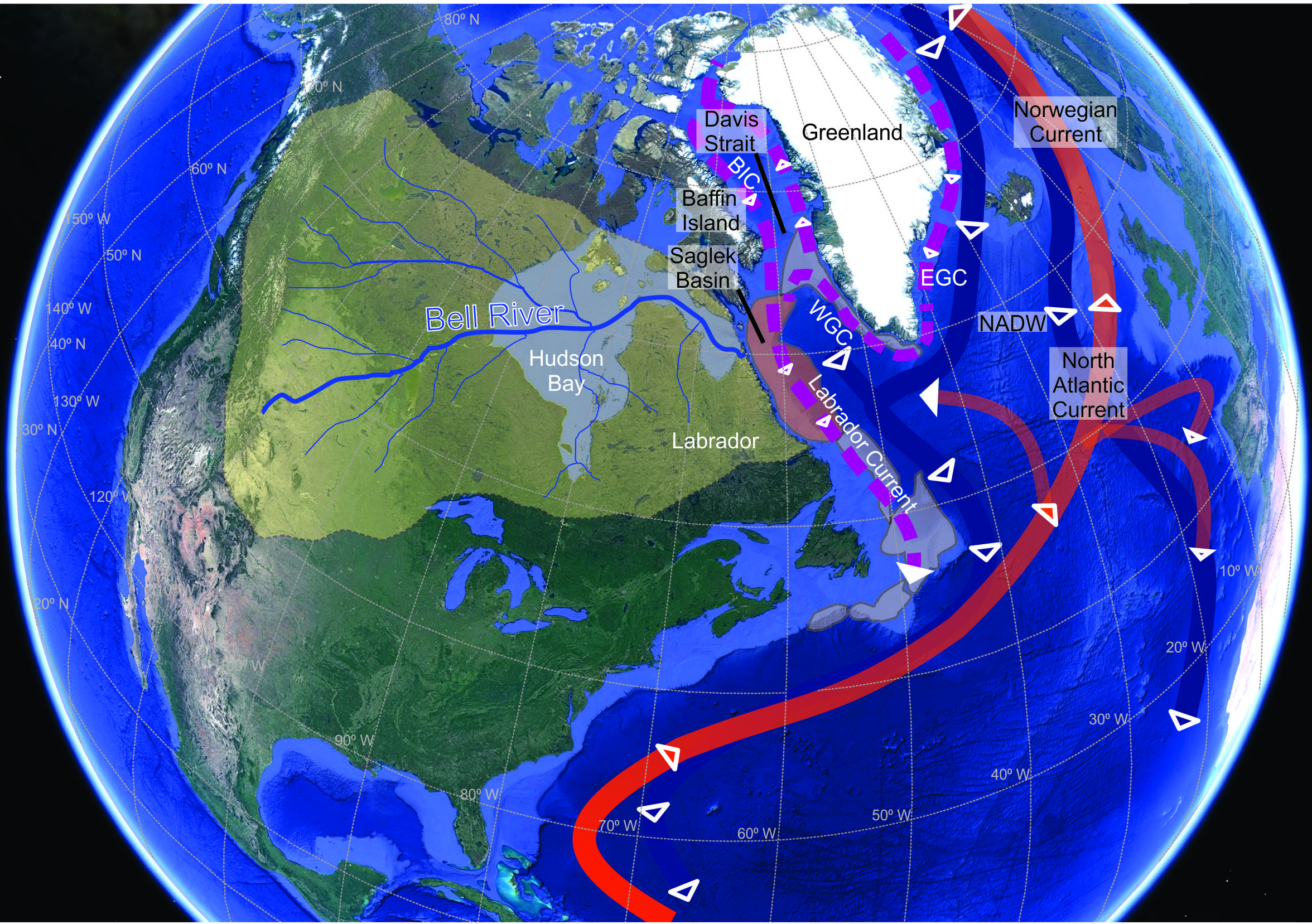 The map shows arrows where the Bell River might have flowed overlaying the Atlantic Ocean.