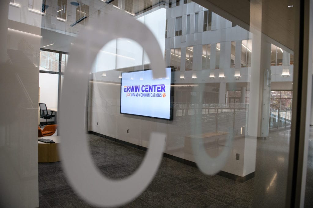 Looking into the Erwin Brand Center from an exterior glass door