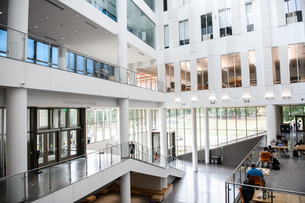 An upper-level view of the Richardson Atrium