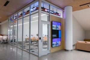 An exterior view of the Younts Trading Room, showing stock market ticker