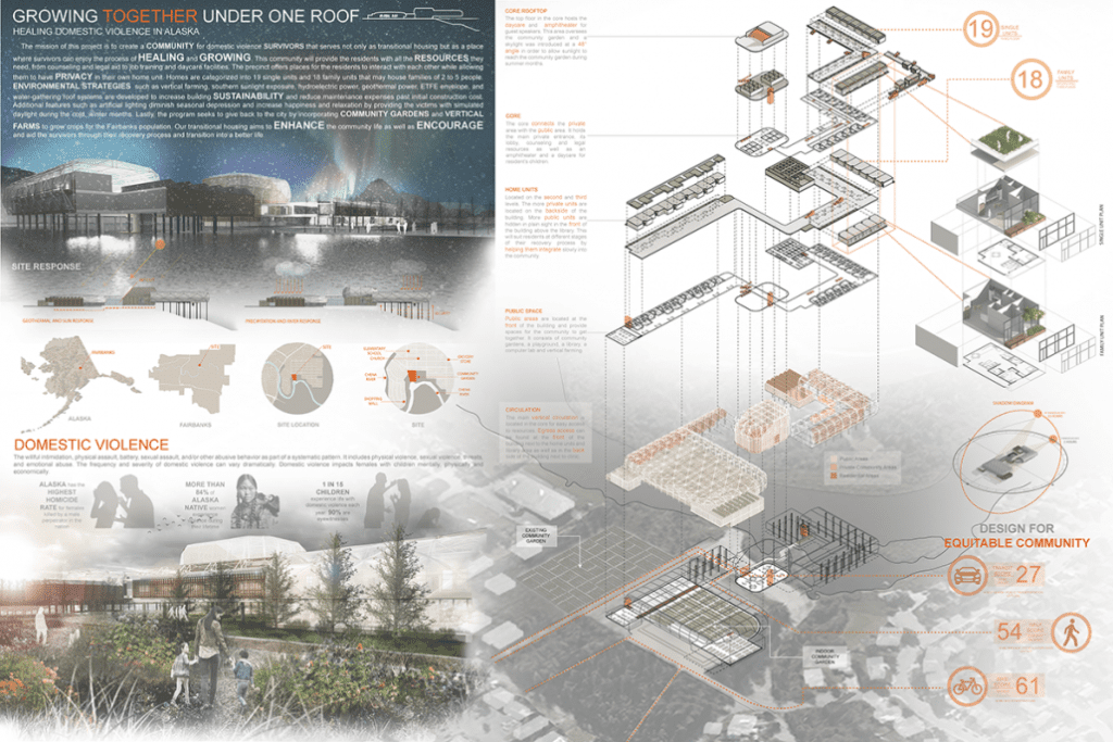 A project overview showing architectural designs, sketches, and text.