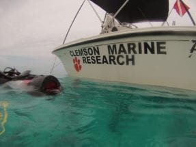 Clemson Marine Research boat in the ocean.