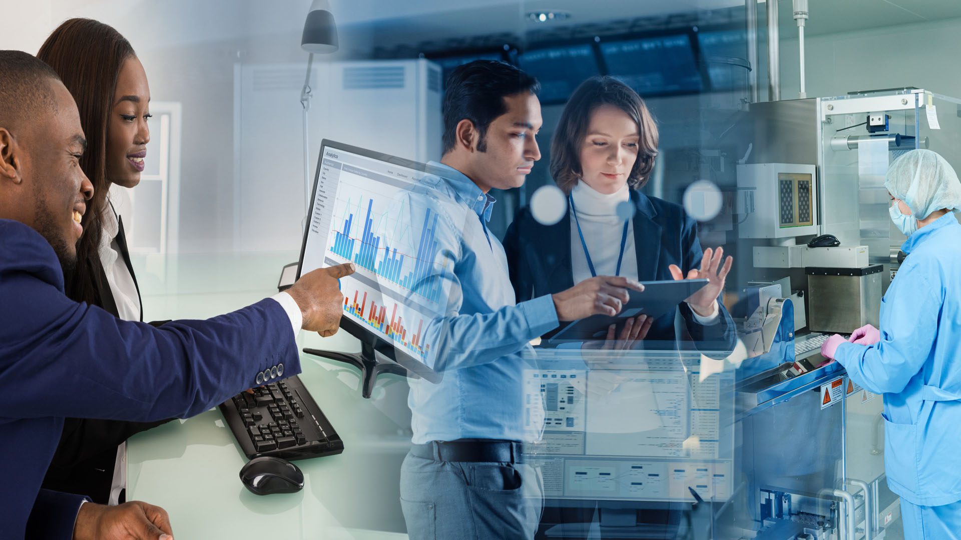 Composite of man in suit pointing at a computer, two people looking at a screen and a scientist in a lab
