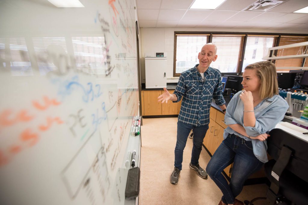 A man and a woman standing near a desk looking at formulas written on a white board