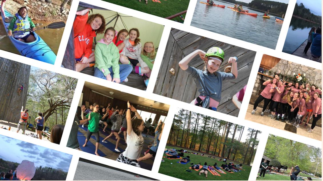 Collage of Finding Your Voice action photos - camping, hiking, eating
