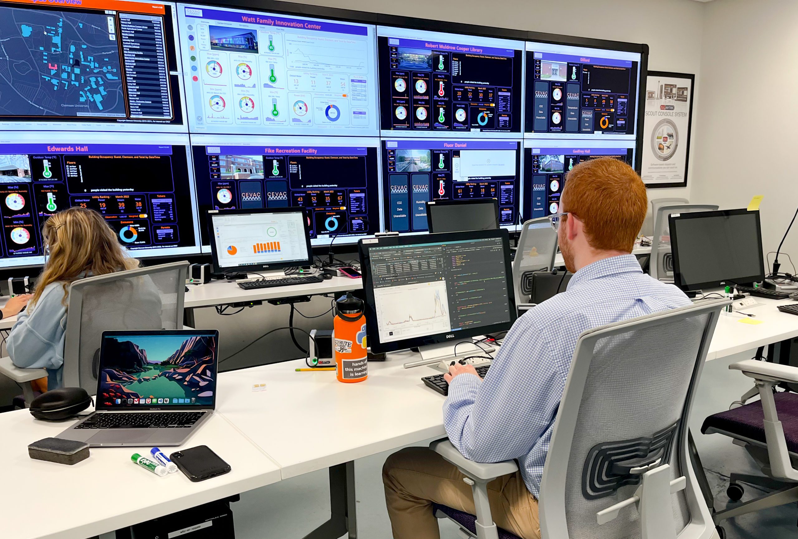 Two people sit at desks facing a wall of computer screens displaying various graphs and carts