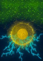 Illustration displaying a layer of green particles, a large yellow circle sits below the green layer with blue lightning shooting downwards.