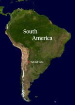 Map of South America showing Tafí del Valle in the south west area of the region.