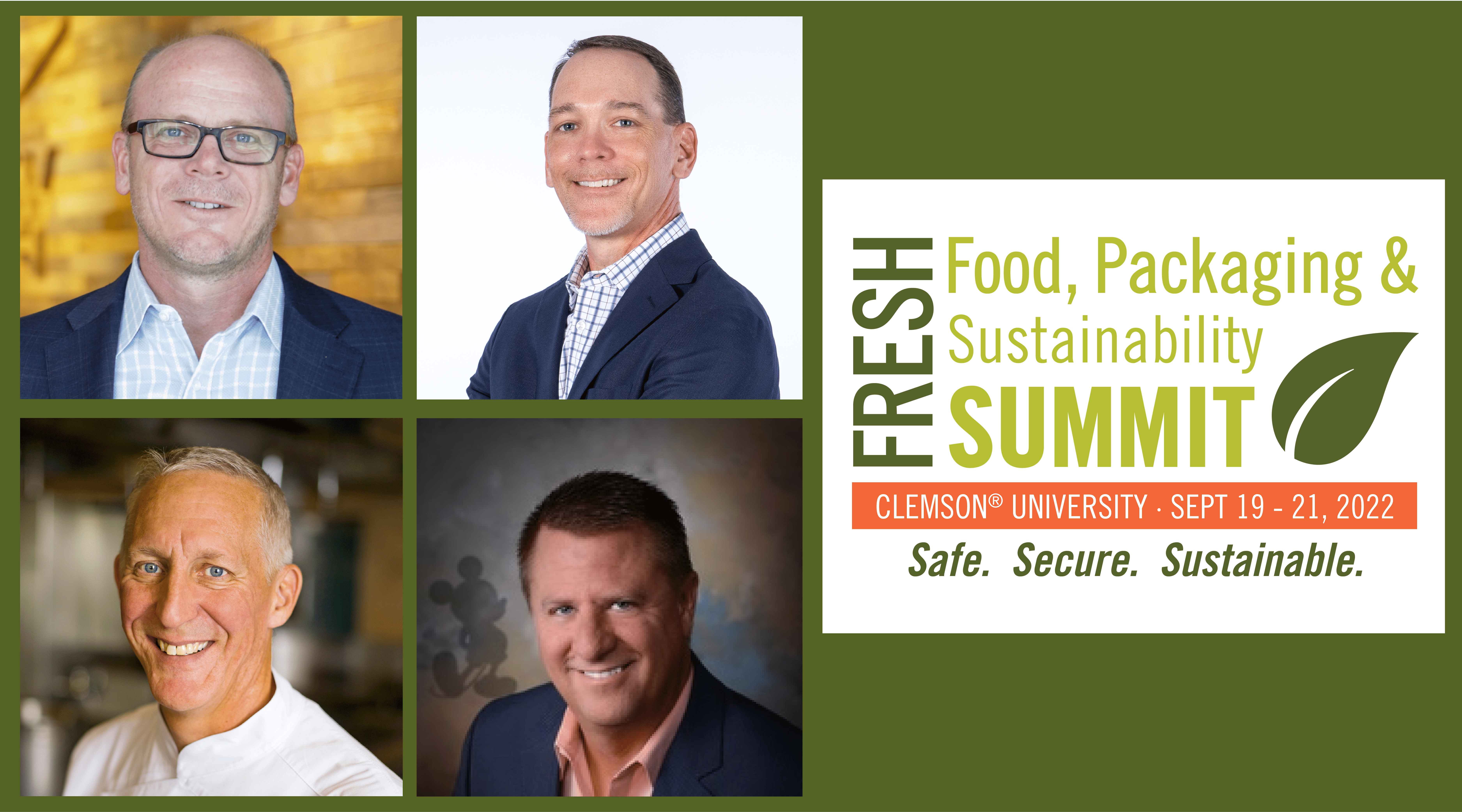 Left: Headshots of the the keynote speakers. Right: 2022 Fresh Summit logo.