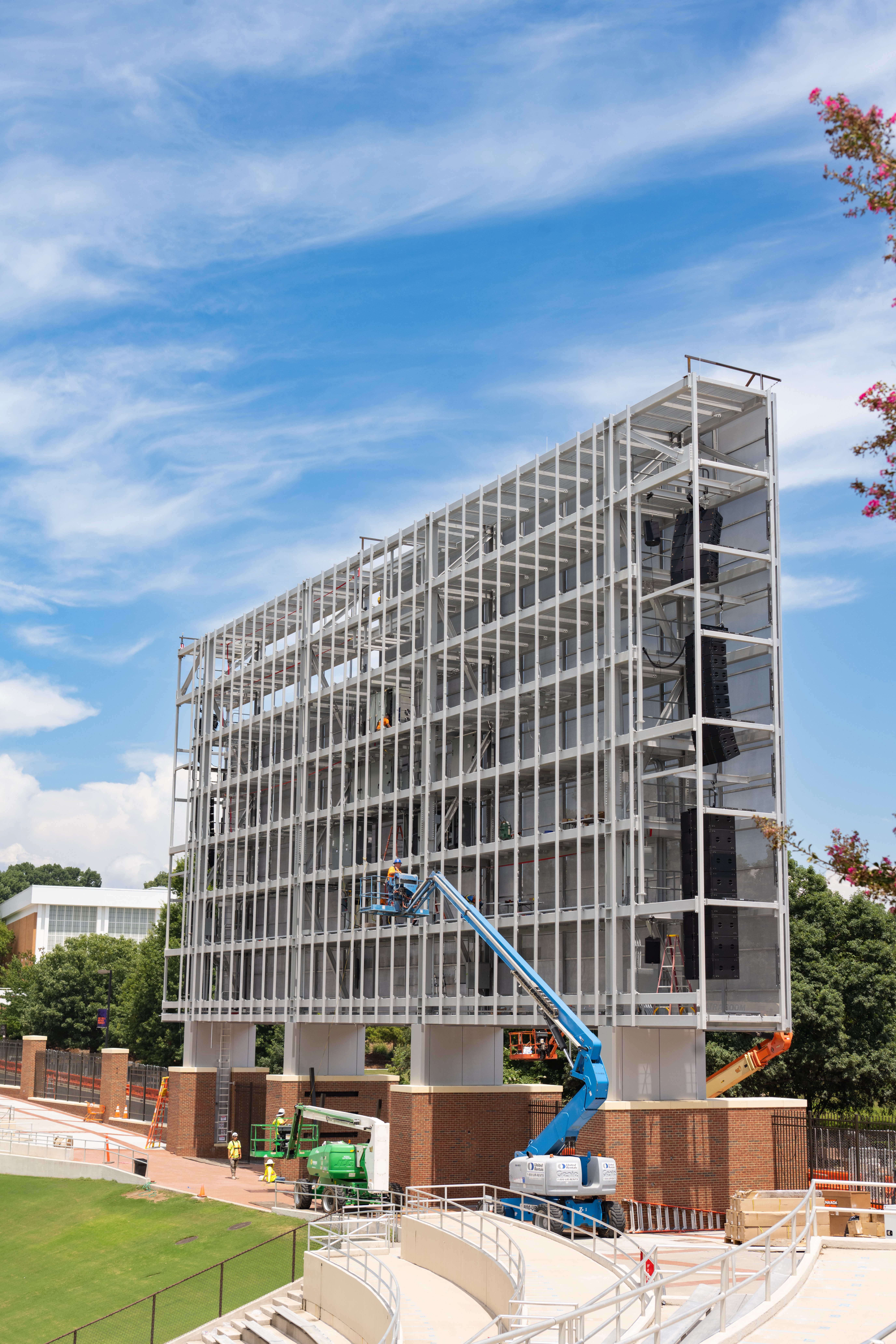 An under-construction video board sits atop the Hill in Memorial Stadium.