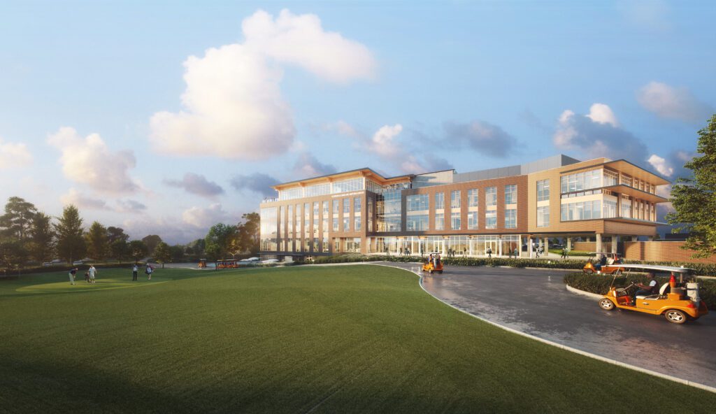 A rendering of the Clemson Alumni and Visitors Center, from this angel walls of windows are separated by bricks columns. One end of the building is distinguished by balconies on different floors with overlapping rooflines. This overlapping roofline feature is mimicked in another rectangular section of the building. With all its angels and rooflines, the building is very modern and streamlined, but the brick ties into other buildings throughout Clemson's main campus.