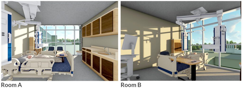 An image of the differences in daylight and window views of nature between room type A and room type B in a medical center in South Carolina.