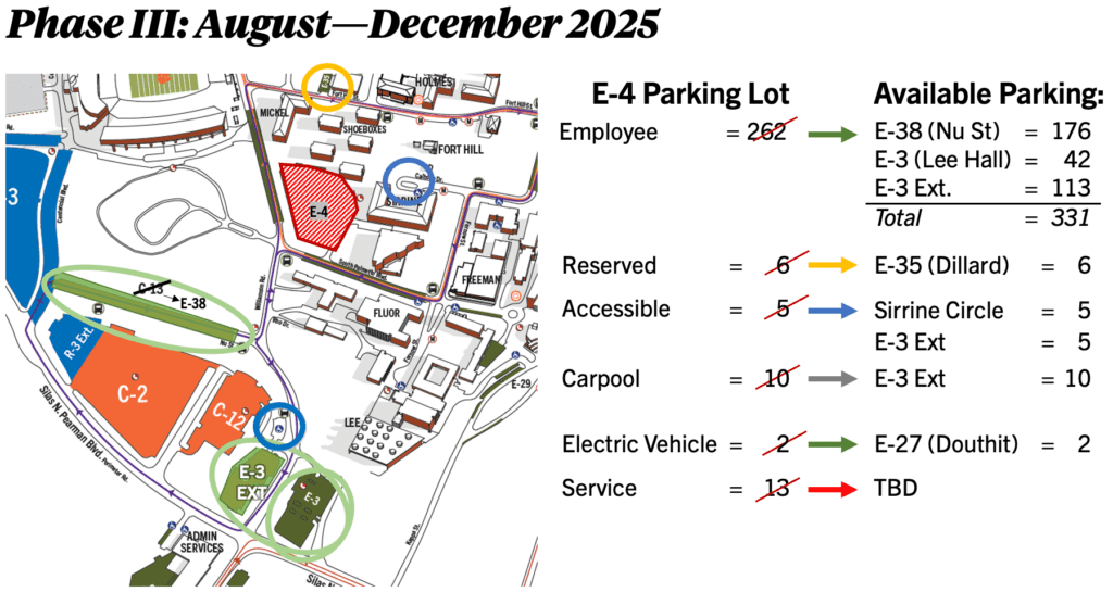 E-4 parking changes in Phase III; see image description for details
