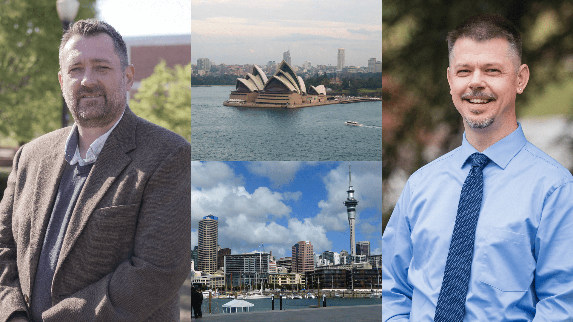 A collage of images including photos of Aukland and Syndey, as well as portraits of Clemson University faculty members Jody Cripps and Stephen Fitzmaurice