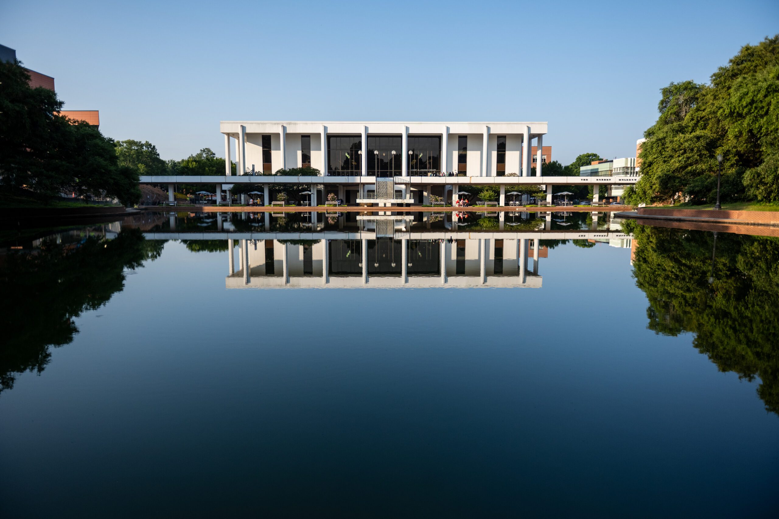 Reflection of Cooper Library in the Reflection Pond in the foreground with Cooper Library in the background.