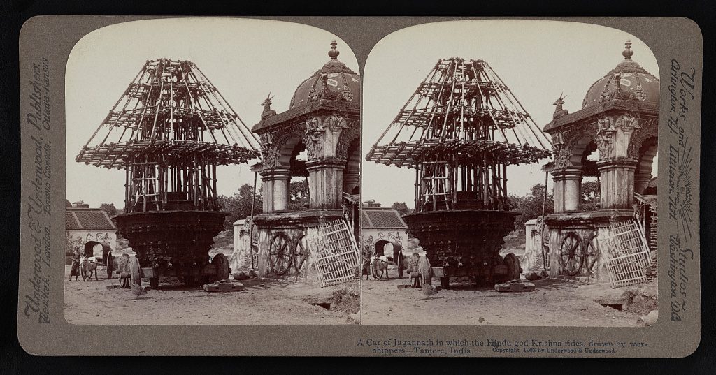 A car of Jagannath in which the Hindu god Krishna rides, drawn by worshippers-Tanjore, India circa 1903