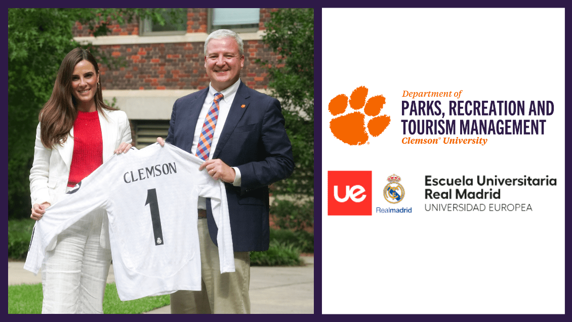 Real Madrid UE representative presents PRTM department chair with school jersey.