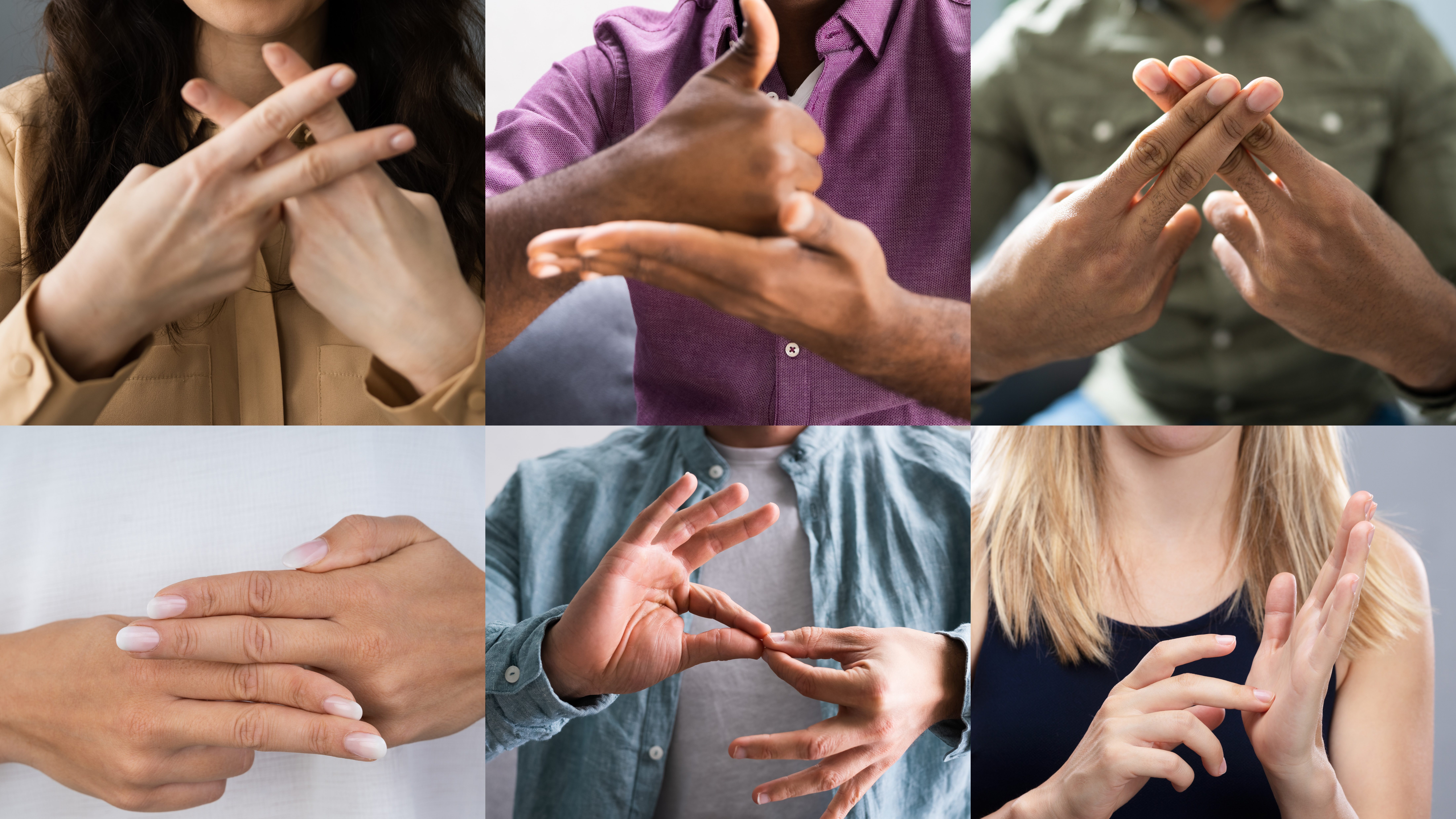 Six different adults practicing American Sign Language with their hands.