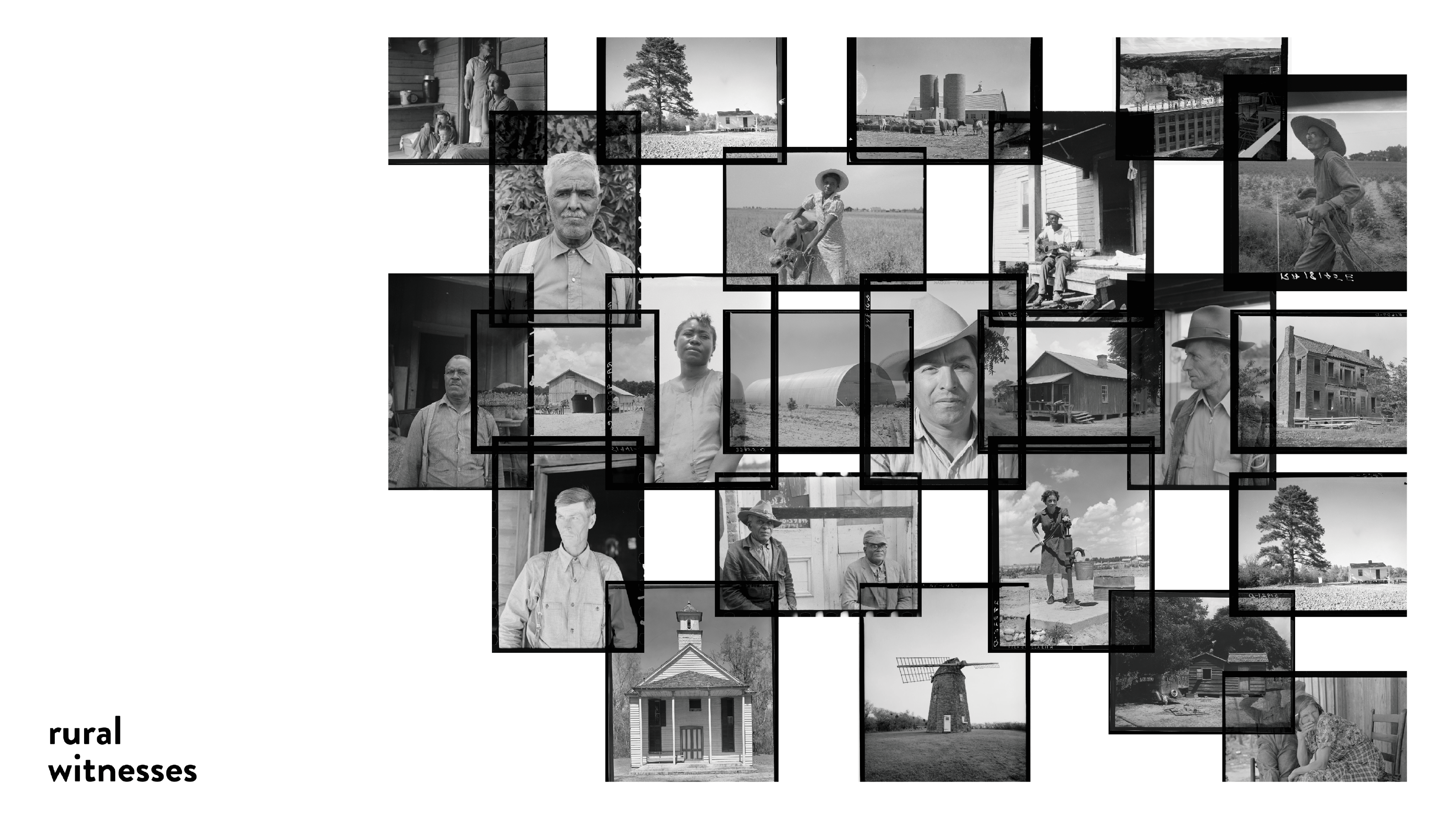 A graphic for the upcoming Rural Witnesses exhibiton. The graphic showcases a collage of historic photos of rural individuals from the Southeast region of the United States of America. In the left bottom corner of the graphic are the words "Rural Witnesses."