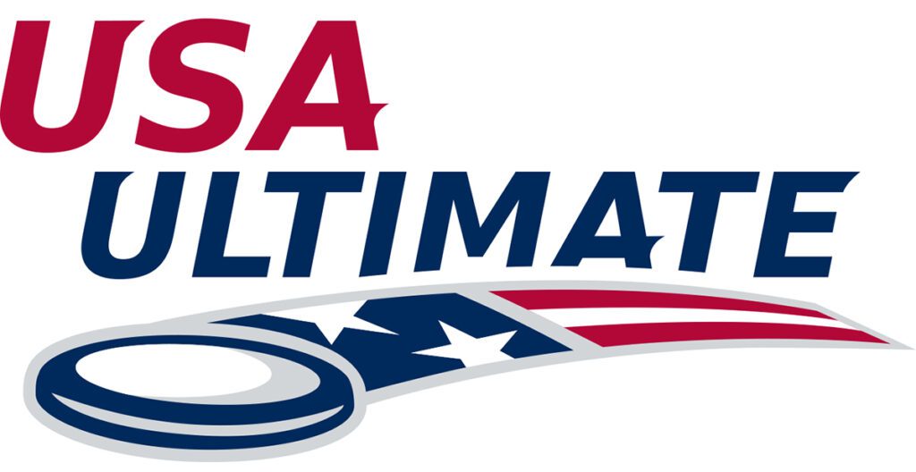 USA Ultimate logo, USA on top of Ultimate with a flying disk underneath that is leaving a trail that resembles an American flag, two starts followed by two stripes