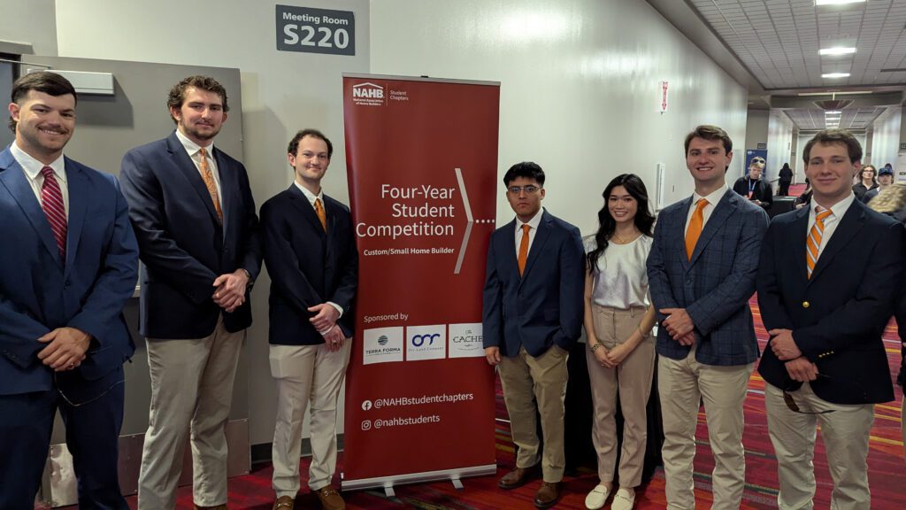 Construction science and management students (left to right) Will Henderson, Matthew Fischer, Thomas Kurtz, Oscar Hernandez, Vivian Ngyun, Hayden Lee and Solomon Stullenbarger at the International Builders Show in Las Vegas.
