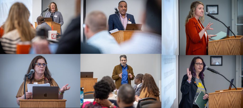 Photos of six people speaking from behind the same podium patched together in a collage