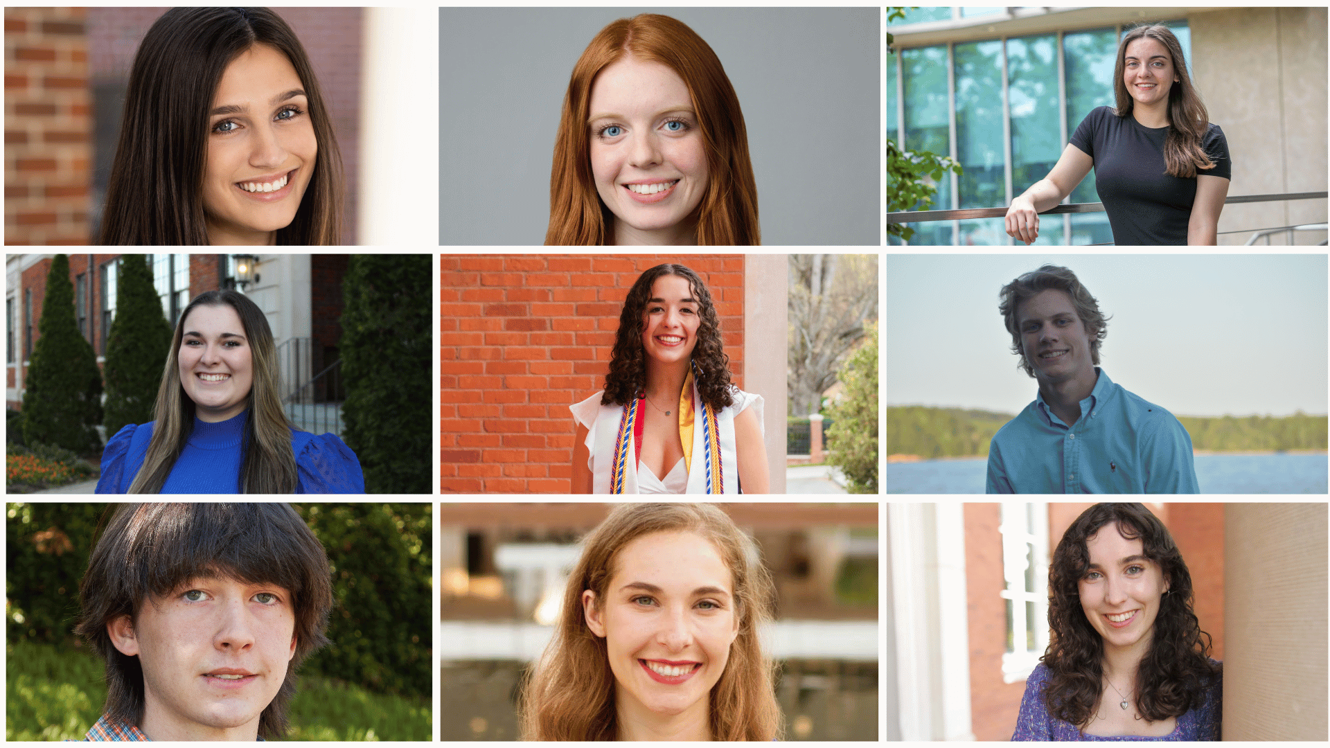 A collage of National Science Foundation Graduate Research Fellowships in order (l-r): Caroline Argenti, Brooke Henry, Maggie Marte, Samantha McNabb, Karen (Kay Russi), Michael Walters, Cody Waters, Christine Hart and Audrey Wessinger.