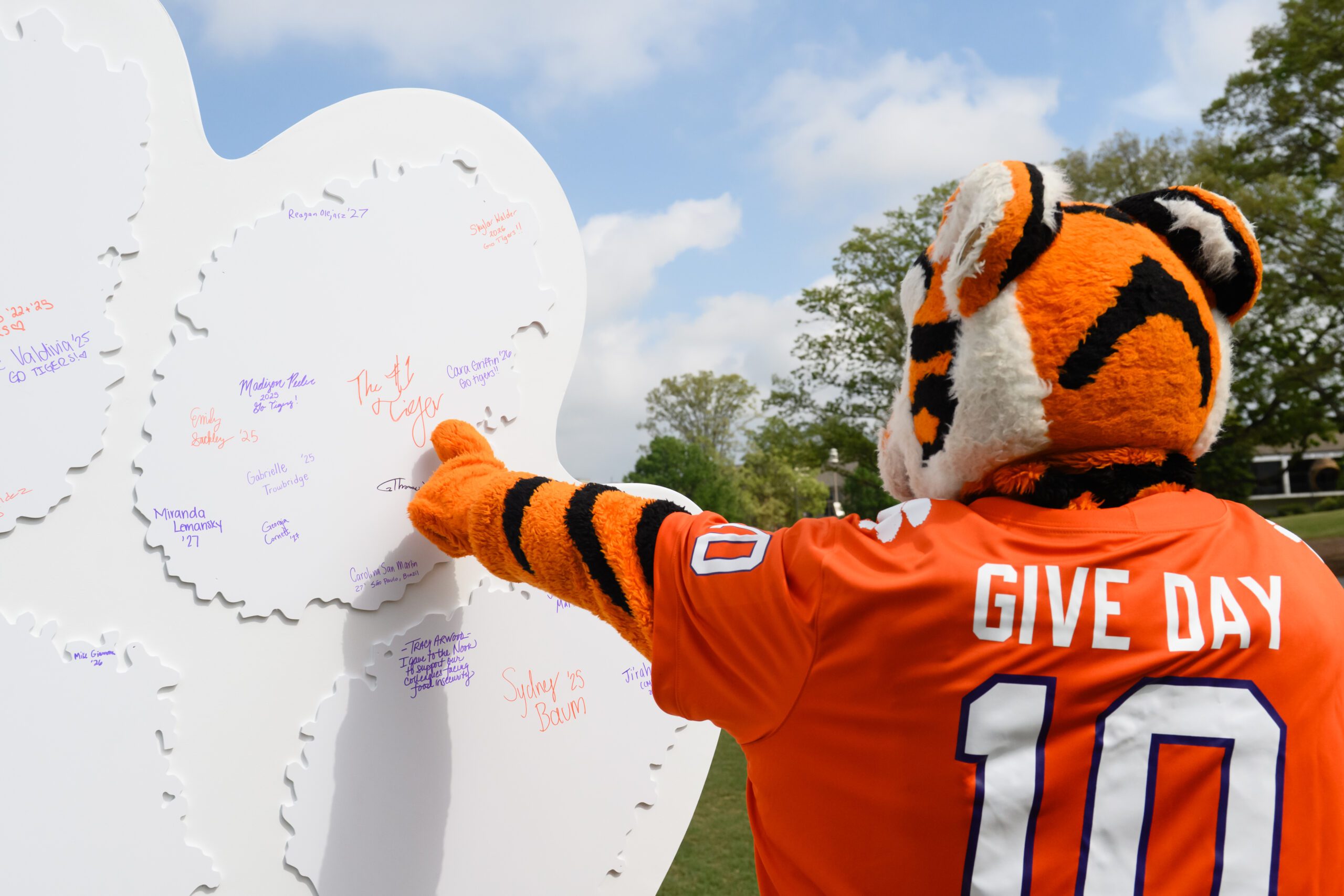 The Tiger is pointing to signatures on a six foot tall tiger paw cut out that has donor signatures. The Tiger is wearing a football jersey with Give Day and the number ten on the back.