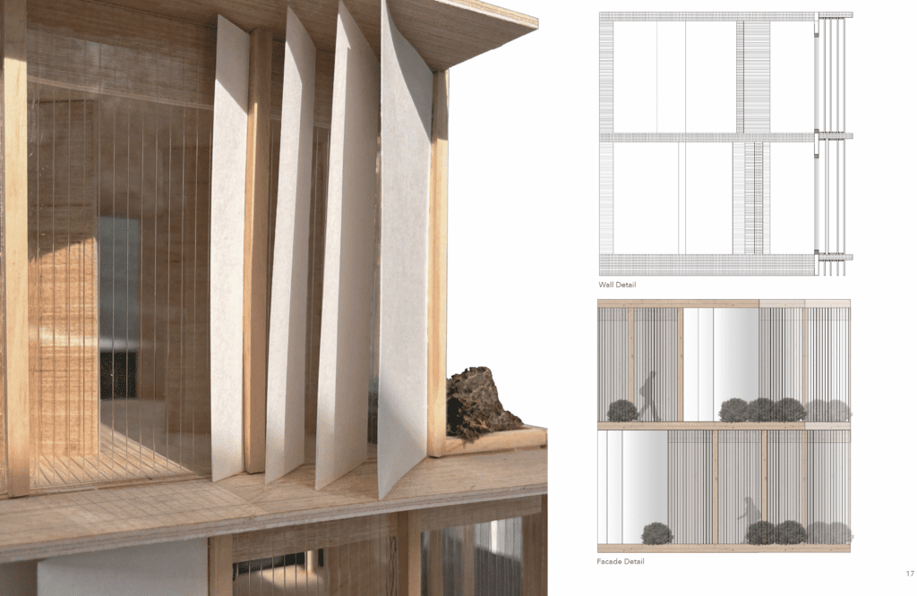 An architcural rendering showing bird-safe glass known as "fritting"