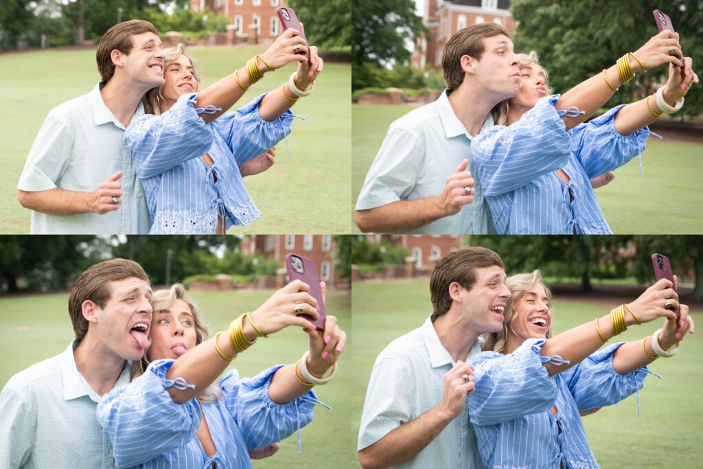 Four photographs of a young man and his sister laughing and hamming it up while she takes selfies of them