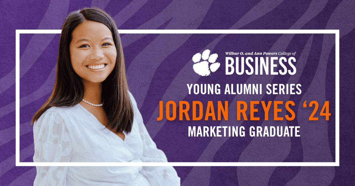 A graphic of a young lady smiling at the camera with purple tiger stripes filling the space behind her.