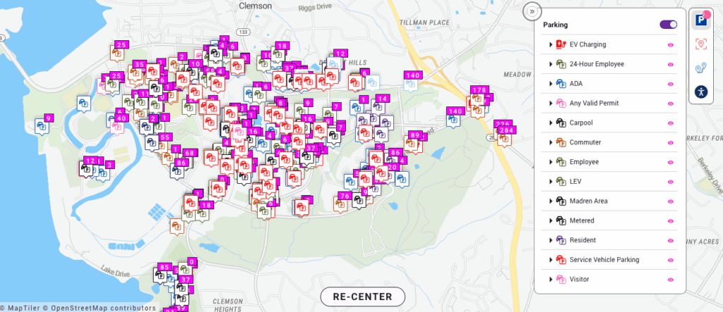 A traffic map showing parking icons on Clemson University's campus, with icon displaying a small white number in a bright pink box.