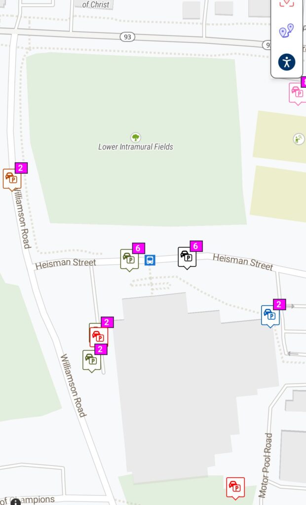 A traffic map showing a section of Clemson University, with various boxes that show a capital P, an icon of a car and a pink-and-white number over the box.