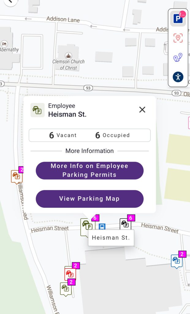 A traffic map showing a section of Clemson University, with a pop-up box that reads "Employee Heisman St., 6 vacant 6 occupied" and two buttons that read "More info on Employee Parking Permits" and "View Parking Map."