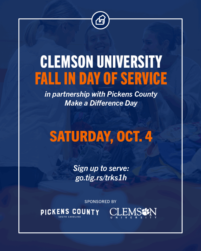 Clemson University Fall In Day of Service graphic in partnership with Pickens County Make a Difference Day.