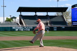 David Sprouse on the pitcher mound at Doug Kingsmore stadium on March 25, 2025.