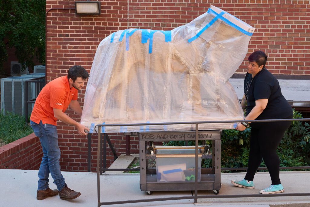 A man wearing an orange shirt and a woman wearing a black t-shirt push a cart with a lion wrapped in bubble wrap down the sidewalk at the Bob and Betsy Campbell Museum of Natural History at Clemson University.