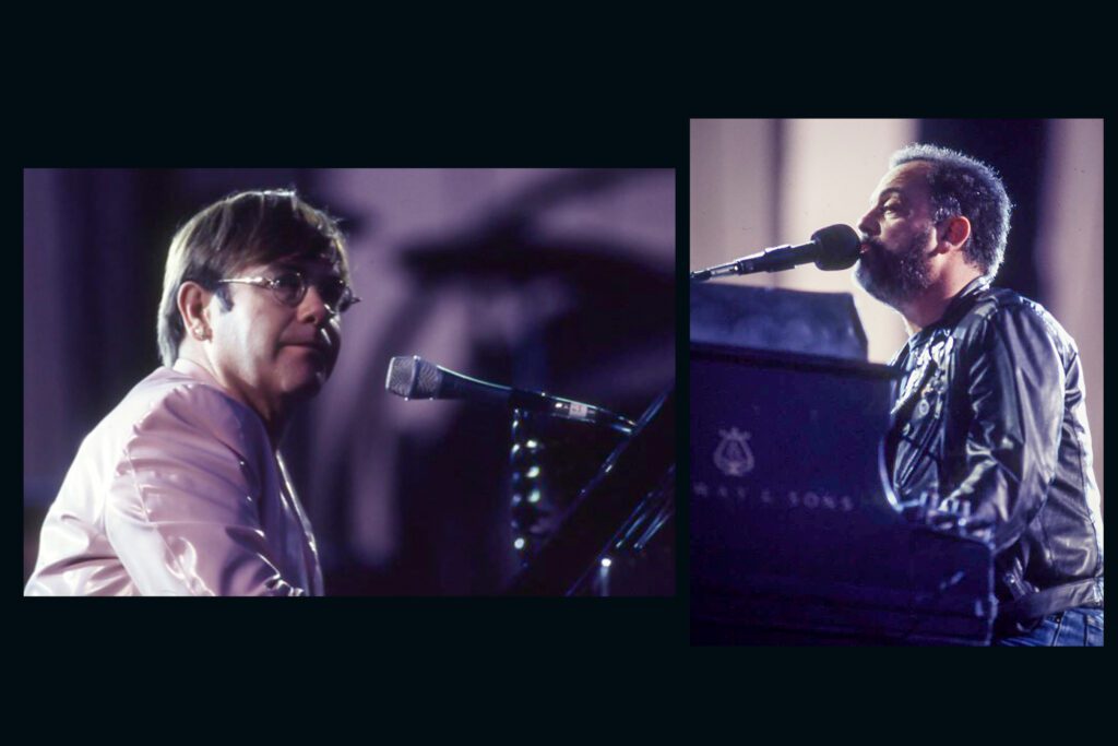 Two photos of Elton John and Billy Joel sitting at pianos, singing into microphones, facing each other.
