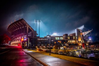The lights in Memorial Stadium reflect off the