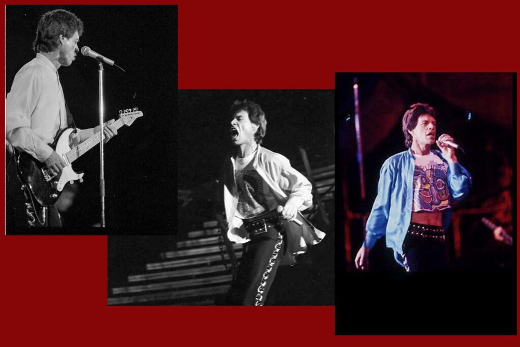 Three photographs of Mick Jagger singing, playing guitar and dancing.