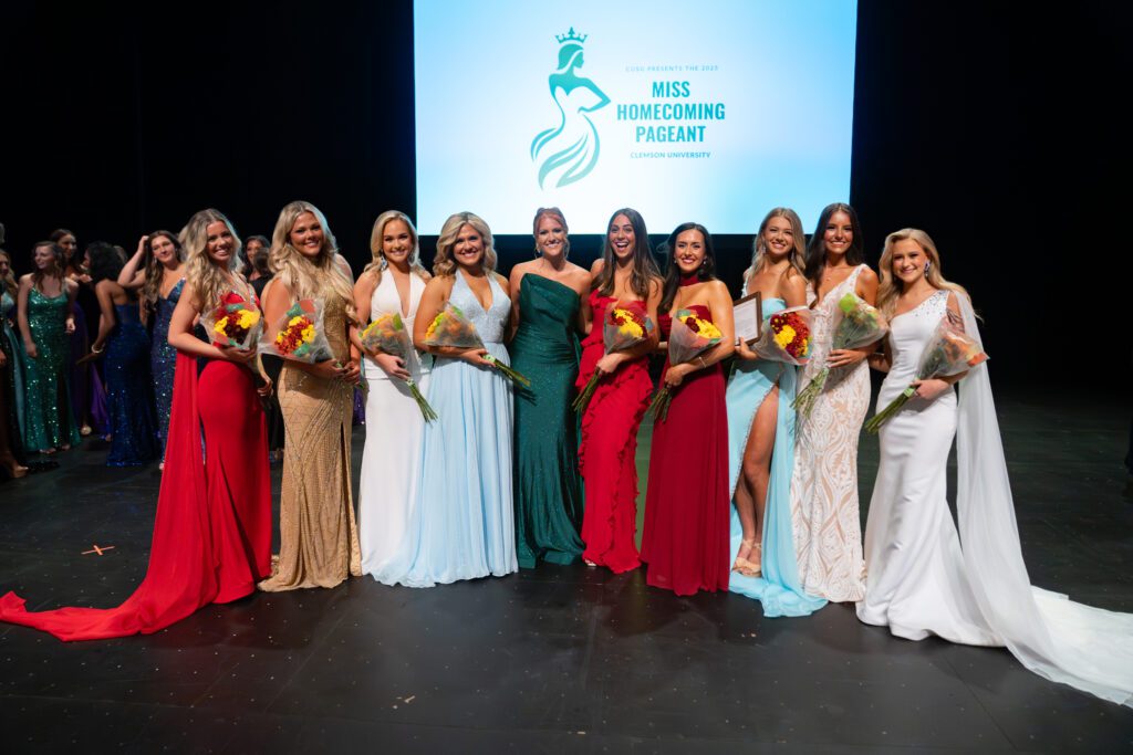 Finalists for Miss Homecoming 2025 gather on stage at the Brooks Center