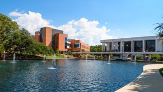 Reflection Pond in front of RM Cooper Library.
