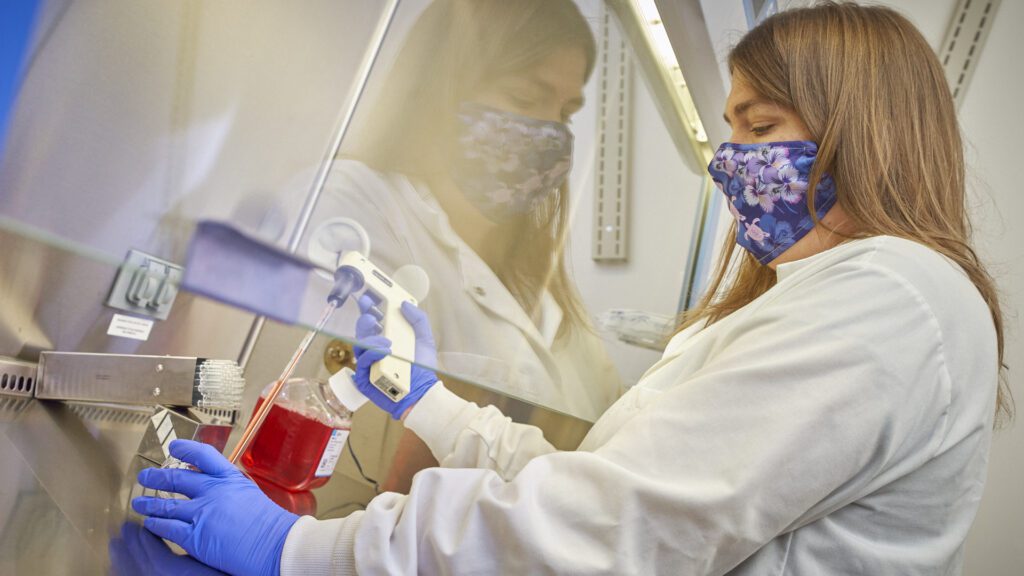 Lady in a white lab coat wearing a mask works with red liquid under a hood.